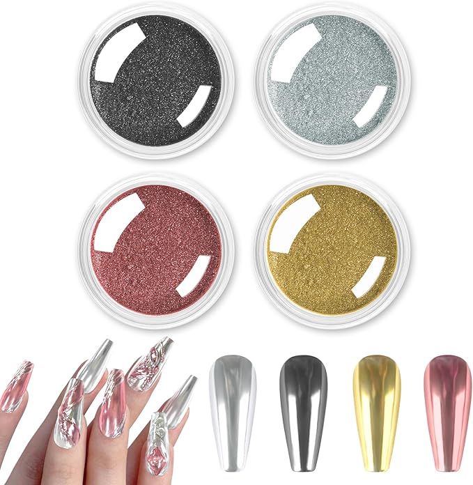 Allstarry Gold and Silver Chrome Nail Powder, 4 Colors Metallic Effect Mirror Chrome Powder Pigment Holographic Manicure Pigment Gold Siver Pink Chrome Nail Glitter