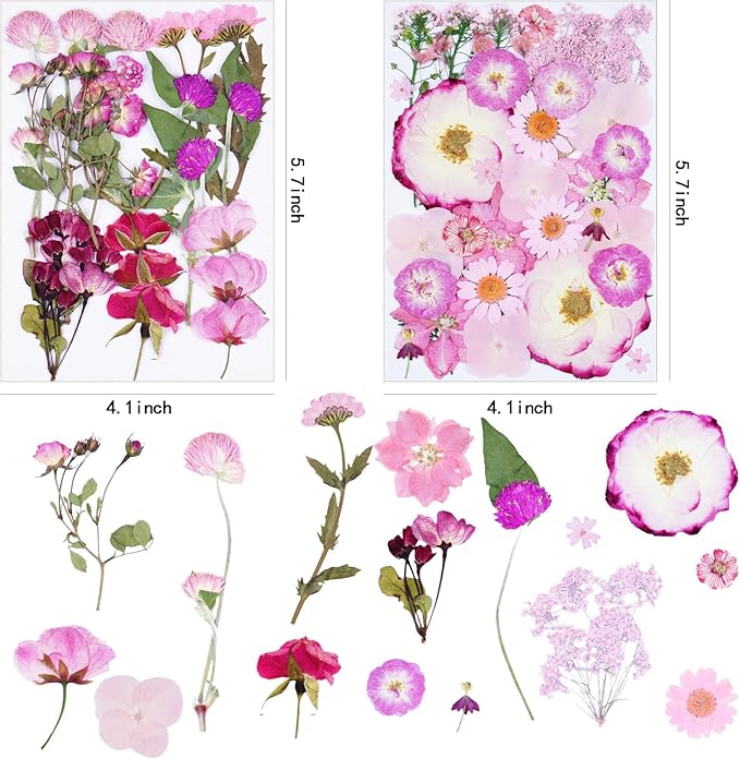 92Pcs Pink Dried Pressed Flowers for Crafts,Xinxinran Dry Flowers Kit for Resin Molds,Epoxy Resin Accessories,Bookmark,Nails, Jewelry Molds,Candle Making Supplies,Soap,Frame