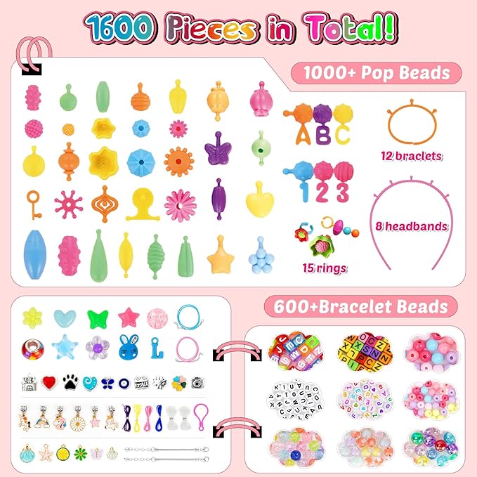 FUNZBO 1600 Pcs Pop Beads with Bracelet Making Kit, Jewelry Making Kit for 3 4 5 6 7 8 9 Year Old Little Girls, Arts and Crafts Toys for Kids, Necklace Bracelet Ring Creativity Holidays Birthday Gifts