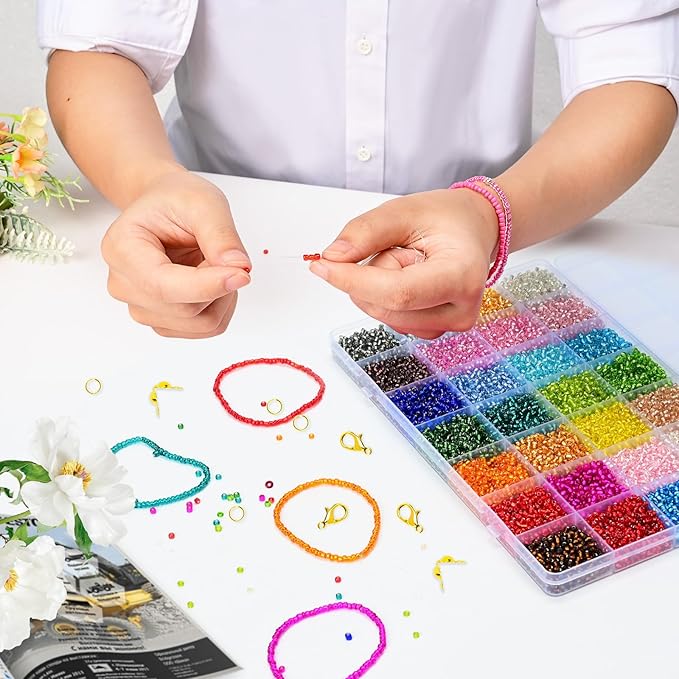 Vtssvow 3mm Glass Seed Beads for Bracelets Making, 28 Colors 11000pcs Friendship Bracelet Making Kit, Small Glass Beads for Jewelry Making (Mix 28 Color, Silver Lined)