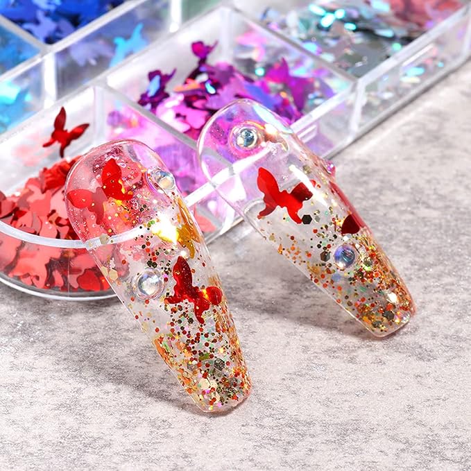 Butterfly Glitter Nail Art Sequins, 3D Sparkly Butterflies Nail Flakse Designs, 12 Colors Holographic Laser Big Small Butterfly Nail Supplies for Women Manicure Sparkle Decorations, DIY Shiny Nail Art