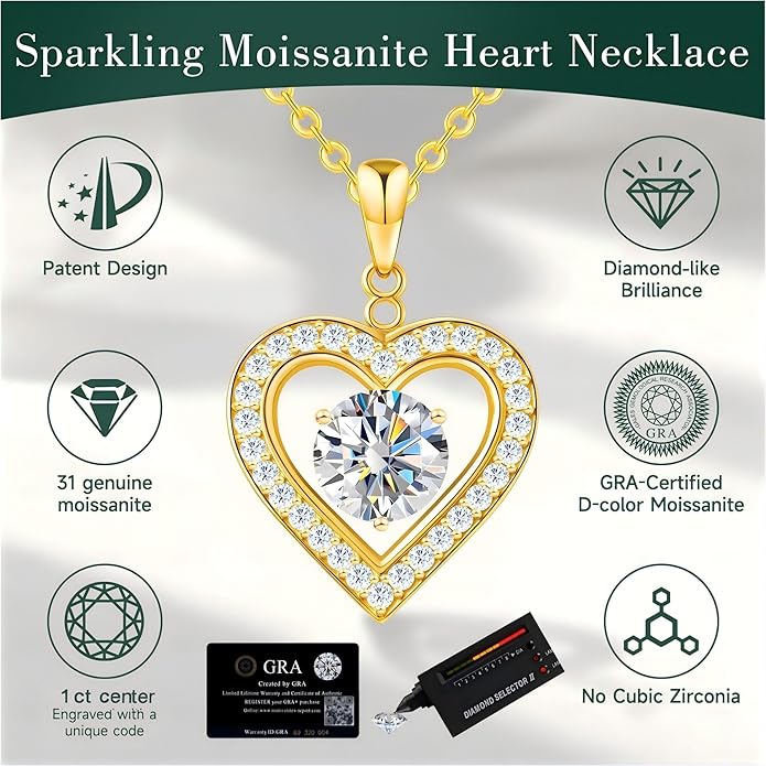Heart Pendant Necklace for Women: Luxury Gift for Wife Girlfriend Mom/Her - 3ct D Color Moissanite - Gold Jewelry with Gift Box- Hypoallergenic & Adjustable Chain - Daily & Special Occasion Wear