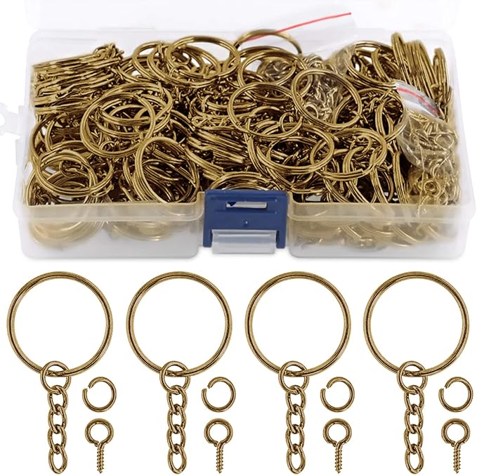 Swpeet 450Pcs Bronze 1" 25mm Key Chain Rings Kit, Including 150Pcs Keychain Rings with Chain and 150Pcs Jump Ring with 150Pcs Screw Eye Pins Bulk for Jewelry Findings Making (Bronze)