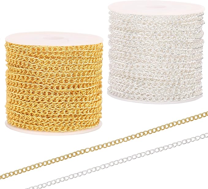 60 Feet Metal Iron Jewelry Chains 3mm Bulk Curb Necklace Chains for Jewelry Making (3mm Gold and Silver)