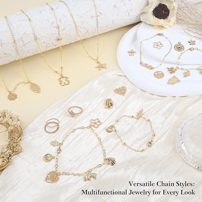 14k Gold Necklace Chain for Jewelry Making, 16.6 Feet Total (5 Rolls) DIY Bracelet Chains with 300 Jump Rings, 50 Lobster Clasps, 1 Jewelry Pliers,1 Support Ring and 50 Pendants