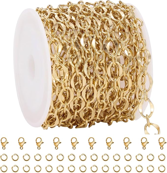 GTVOODX 13 Feet 18K Gold Plated Jewelry Making Chain Kit Stainless Steel Lips Dapped Chain Spool Bulk for DIY Jewelry Making Necklace Bracelet