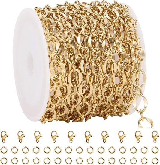 GTVOODX 13 Feet 18K Gold Plated Jewelry Making Chain Kit Stainless Steel Lips Dapped Chain Spool Bulk for DIY Jewelry Making Necklace Bracelet