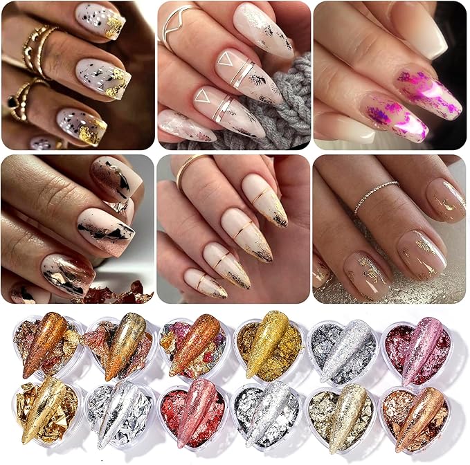 Unique Gold Flakes for Nails 12 Boxes Irregular Aluminum Golden Nail Glitter Foils Holographic Gold Foils for Nails Gradient Silver Rose-Gold Nail Art Sequins Designs DIY Charms Manicure Decorations