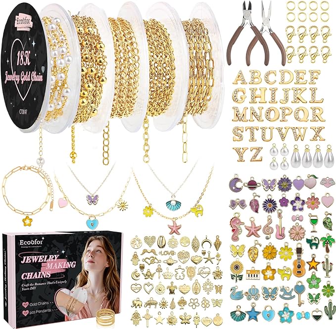 Ecoofor 18K Gold Jewelry Making Kit with Gift Box - 16.6ft 5 Rolls DIY Bracelet & Necklace Chains with 136 Pendants, Jump Rings, Lobster Clasps, Jewelry Pliers & Charm Making Kit, Christmas Gift