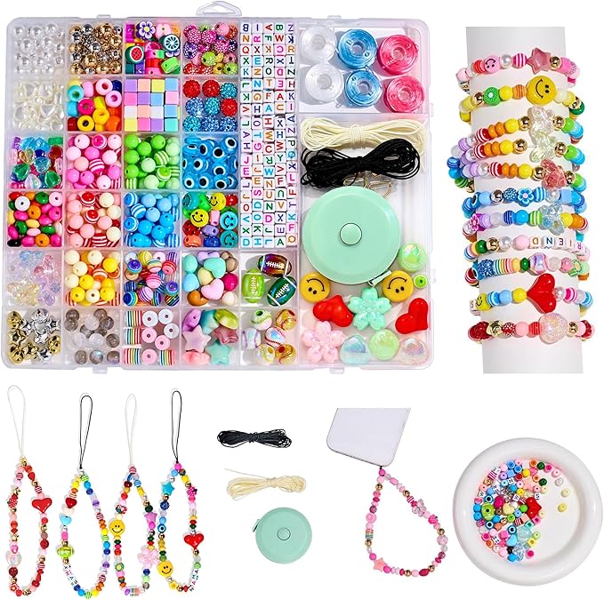 MYCUTEY DIY Phone Charm Making Kit with 657Pcs Colorful Pony,Letter,Football,Star,Flower Beads,Craft Supplies for Jewelry-Making,Necklace,Bracelet Personalized Name Making Gift for Women Kids Girls