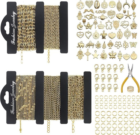 14k Gold Necklace Chain for Jewelry Making, 16.6 Feet Total (5 Rolls) DIY Bracelet Chains with 300 Jump Rings, 50 Lobster Clasps, 1 Jewelry Pliers,1 Support Ring and 50 Pendants