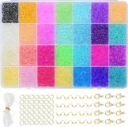 Vtssvow 3mm Glass Seed Beads for Bracelets Making, 28 Colors 11000pcs Friendship Bracelet Making Kit, Small Glass Beads for Jewelry Making (Mix 28 Color, Color Lined)