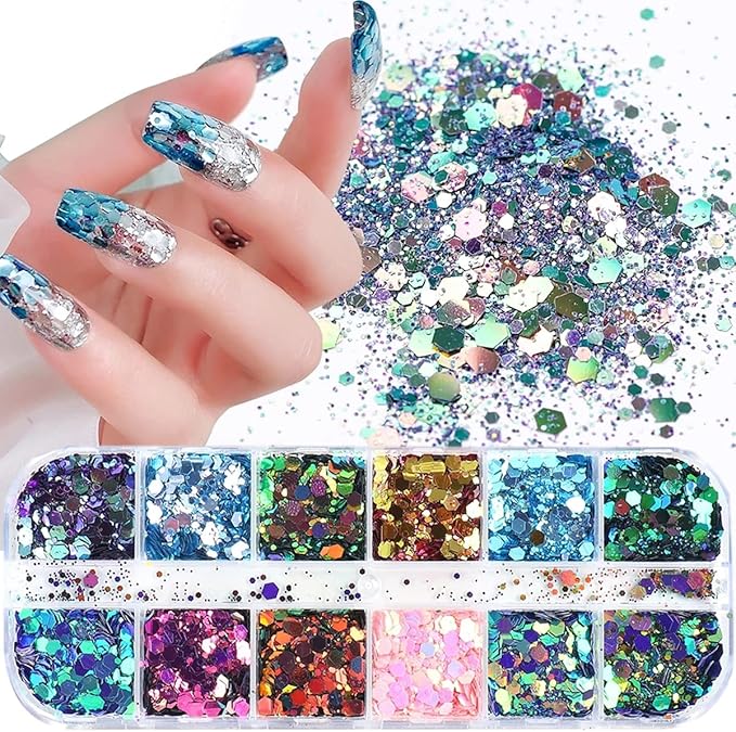 12 Grids Chameleon Nail Art Sequins Polygon Holographic Nail Supplies Bright Moving Nail Glitter Pattern Mermaid Nail Glitters Flakes Design 3D DIY Acrylic Nails for Women Manicure Powder Decorations