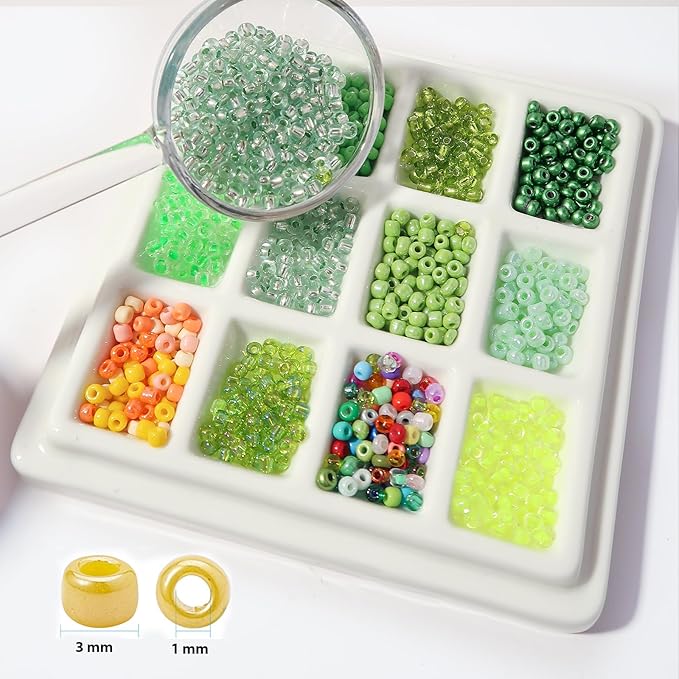 JOJOPLAY 11200pcs Glass Seed Beads for DIY Crafting Bracelet Necklace Embroidery Jewelry Making Supplies (3mm, 400pcs/Color, 28 Colors, Green Scheme)