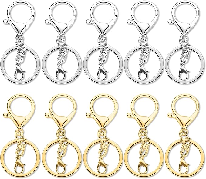 Gkeygo 10 Pack a Set Metal Lobster Claw Clasps and Key rings, Key chain Accessories, Keychain Making kit for Keys, Art Crafts, Jewelry Making, Silver - Gold