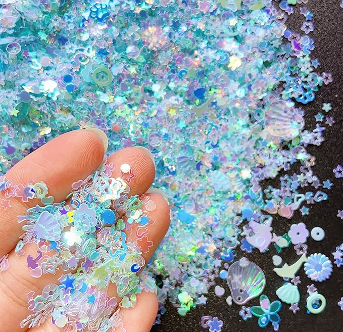 Heart Star Butterfly Craft Sequins Holographic Nail Glitte Confetti Shell Snowflakes Nail Art Holographic Glitter Nail Art Glitter Sequins for Women Girls Nail Decoration(Blue-50G)