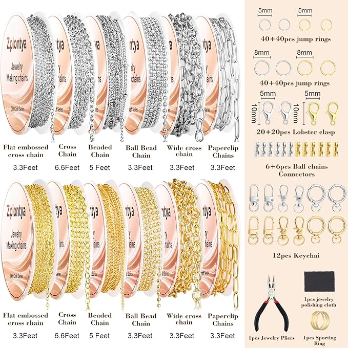 Zplontya 18K Necklace Chains for Jewelry Making Kit 381PCS Include 50Ft 12 Rolls Gold/Silver Jewelry Chains and Charms,Jump Rings,Pliers&Accessories for DIY Necklace Bracelet Keychain Crafting Gifts