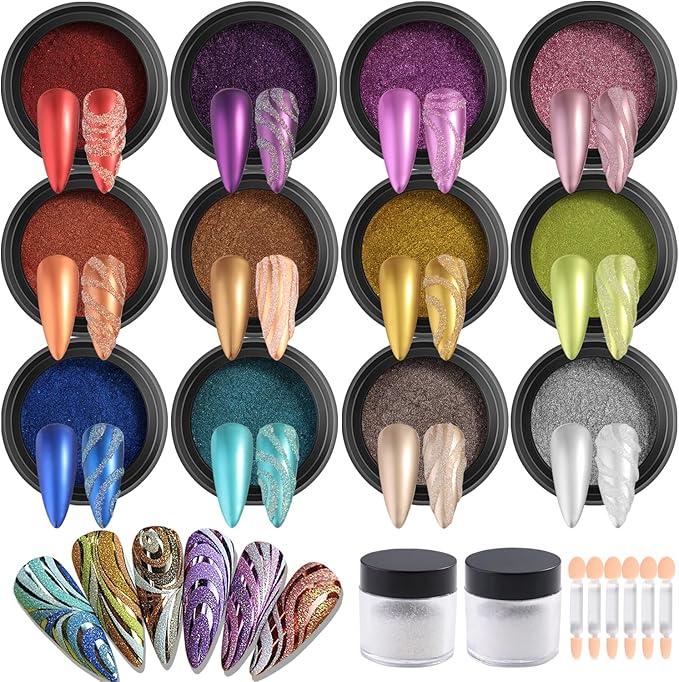 Fcozpjk Chrome Nail Powder Set 12 Colors Gold Silver Bronze Chrome Powder for Nails Metallic Nail Glitter Red Green Blue Mirror Rub Pigment with 2PCS Extra Fine White Sugar Powder Nail Design