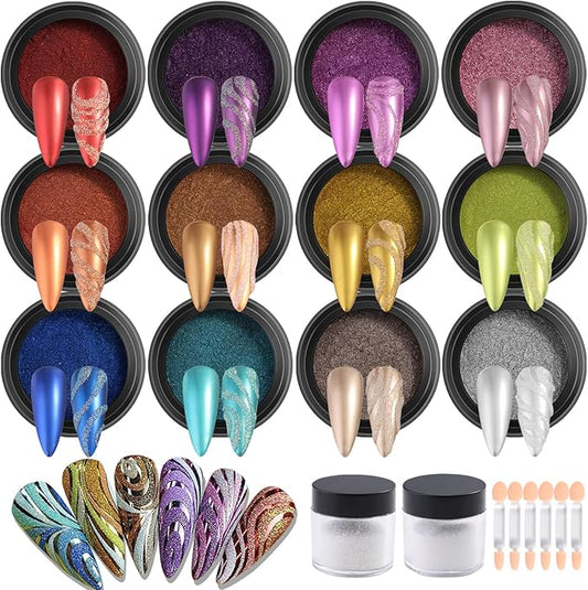 Fcozpjk Chrome Nail Powder Set 12 Colors Gold Silver Bronze Chrome Powder for Nails Metallic Nail Glitter Red Green Blue Mirror Rub Pigment with 2PCS Extra Fine White Sugar Powder Nail Design