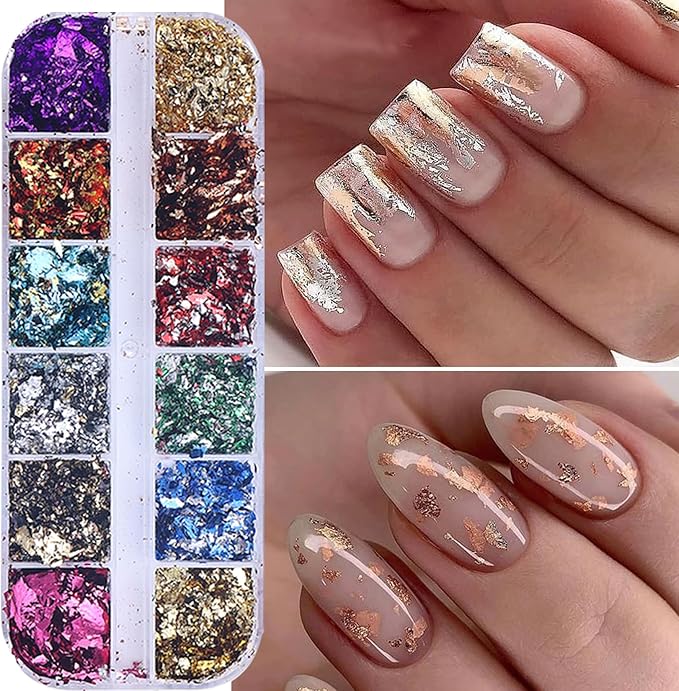Gold Foils Nail Glitter Supplies 36 Colors Golden Flakes for Nails Art Sparkly Ultra-Thin Aluminum Holographic Foils Nail Art Decoration Gold Leaf DIY 3D Metallic Nail Sequins Manicure Accessories