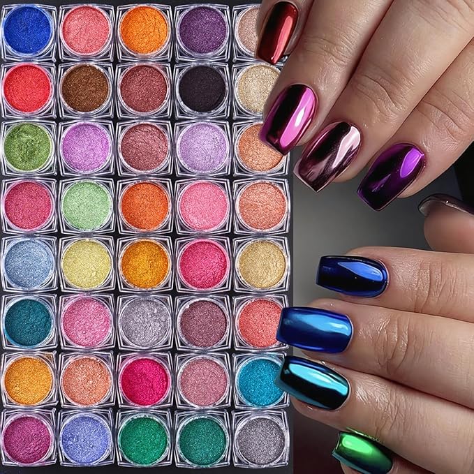 40 Colors Metallic Mirror Chrome Nail Powder Set, Professional Metallic Mirror Pigment with Holographic Shine, Includes Rose Gold Silver Champagne Shades for DIY Nail Art & Salon Manicure