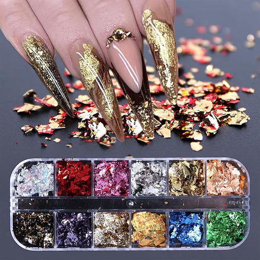 12 Colors Glitter Sequins 3D Holographic Aluminum Foil Nail Glitter - Sparkling Ultra-Thin Gold Foil Sparkles for DIY Women Makeup Party