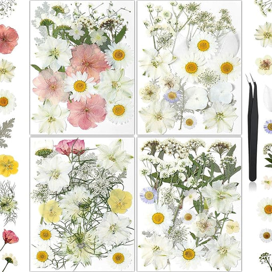 86Pcs Dried Flowers for Crafts, Real Pressed Flowers for Crafts Dried Pressed Flowers Dry Leaves in White, Pink & Yellow Tones for Resin, DIY Art, Scrapbook, Jewelry, Candle & Soap Making with Tweezer