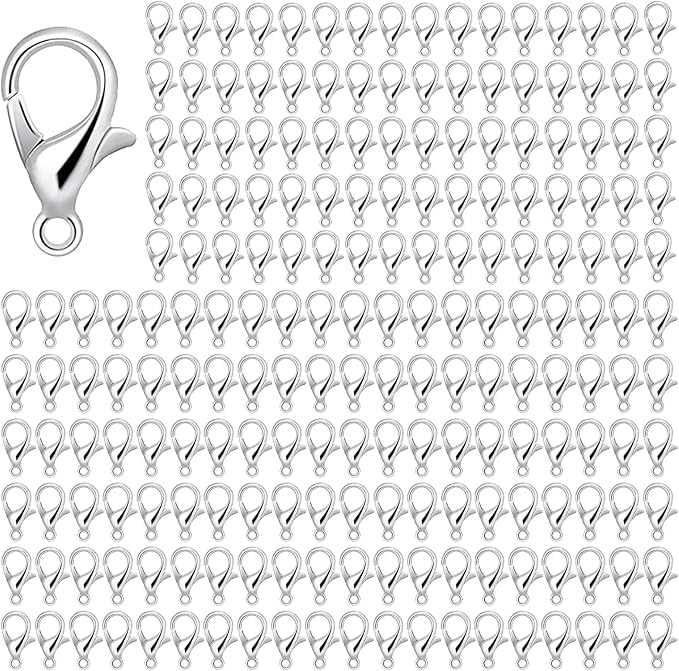 200 PCS Silver Lobster Claw Clasps, Small Alloy Lobster Clasps with Metal Storage Box Lobster Clips for DIY Keychains Bracelets Necklaces Crafts Jewelry Making (12×7mm, Silver)