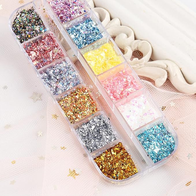 12 Colors Glitter Art Sequins, Holographic Irregular Sparkly Flakes Designs, 3D Laser Ultra-Thin Shiny Acrylic Nail Supplies for Women Girls Manicure Charms Decorations, Crafts