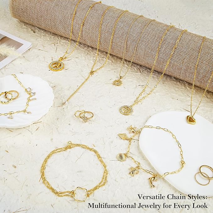 18k Gold Necklace Chains for Jewelry Making, 52.5 Feet 8 Rolls Bracelet Chains for DIY,6.5 Feet Each Style, Gold Plated Chain with Jump Rings/Lobster Clasps/Connectors