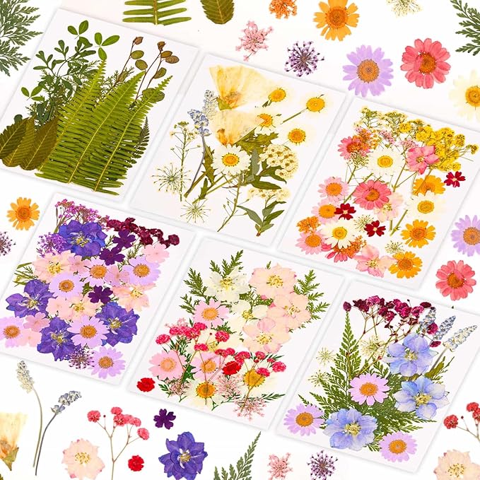 124 Pcs Dried Pressed Flowers for Resin Crafts, Real Pressed Wildflowers Natural Dry Leaves Bulk with Tweezer for Epoxy Resin Jewelry Molds, Candle Soap Making, Scrapbook, Bookmark, Nails Decor