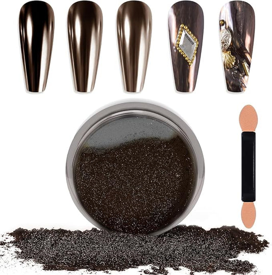 Laza Chrome Nail Powder Mirror Effect Metallic Dust Holographic Glitter Glazed Manicure Decoration Reflective Pigment for DIY Gel Polish Nail Art, Resin Craft, Gifts - Deep Brown