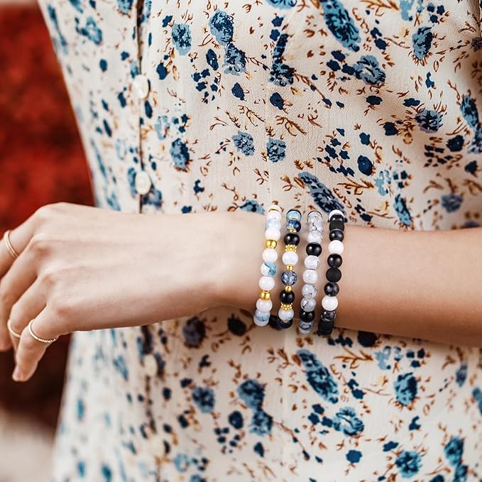 Funtopia 8mm Glass Beads, Neutral Colors Round Marble Loose Beads for Men Women, Jewelry Making Supplies with Spacer Bead and Charms, DIY Bracelets Earrings Necklaces Crafts (24 Colors)