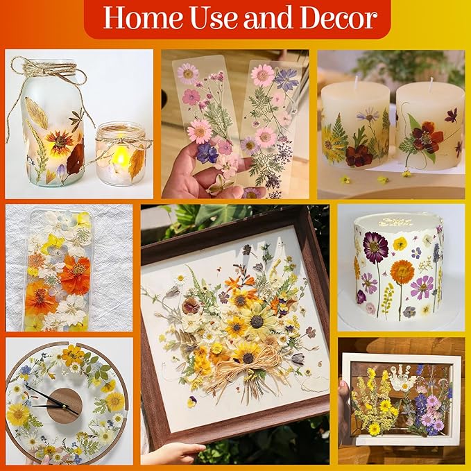 85Pcs Dried Flowers for Crafts, Natural Pressed Flowers for Crafts Real Dried Pressed Flowers Dry Leaves in Orange & Yellow for Resin, DIY Art, Scrapbook, Jewelry, Candle & Soap Making w/ Tweezer