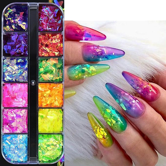 12Grids Holographic Mermaid Colorful Nail Art Glitter,Irregular Rainbow Candy Color Nail Art Flakes Sequins Gradient Bright Ice Slag Nail Sequins Summer Metallic Foil Nail Supplies DIY Nail Decoration