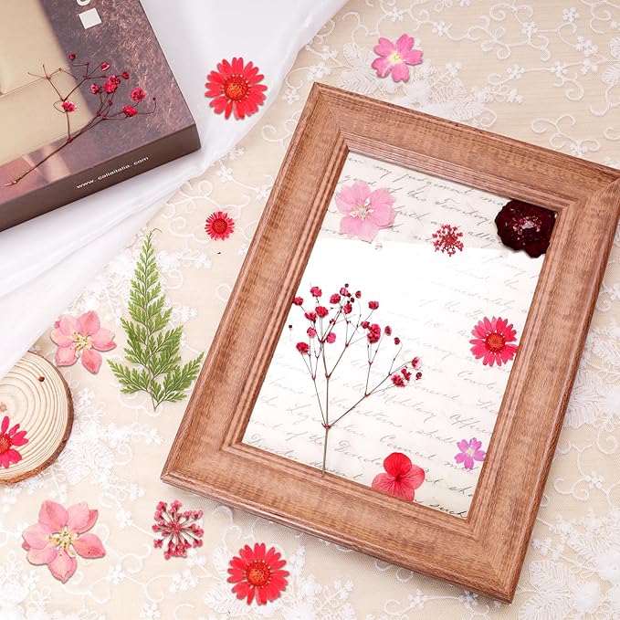 Dried Pressed Flowers Real Pressed Flowers Natural Dry Leaves Bulk Mixed Colorful Herbs Kit with Tweezers for Scrapbooking DIY Candle Jewelry Crafts Making Nails (Red)