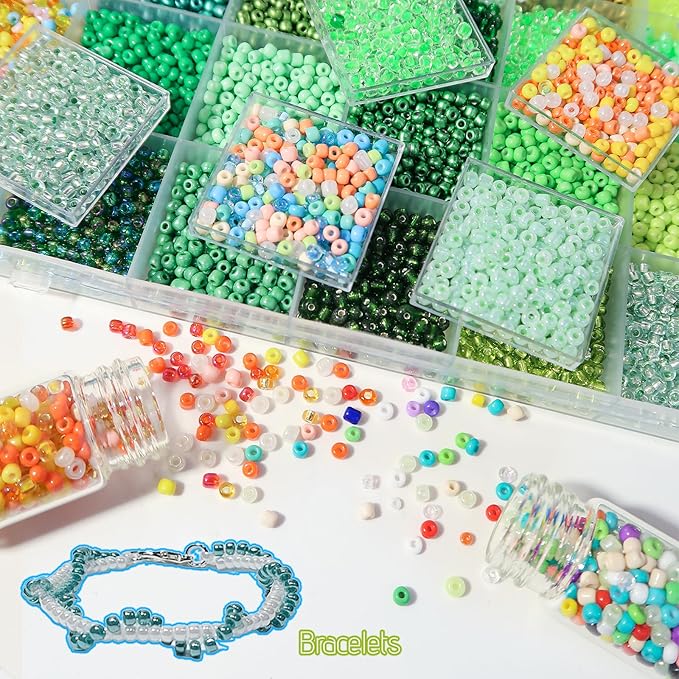 JOJOPLAY 11200pcs Glass Seed Beads for DIY Crafting Bracelet Necklace Embroidery Jewelry Making Supplies (3mm, 400pcs/Color, 28 Colors, Green Scheme)