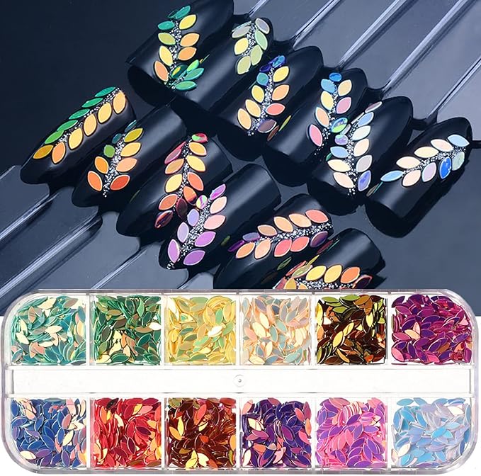 12 Colors Nail Art Glitter Sequins, 3D Sparkly Leaf Shape Nail Flakes Designs, Holographic Ultra-Thin Laser Leaf Glitter Acrylic Nails Supplies for Women Girls Manicure Decorations, DIY Shiny Crafts
