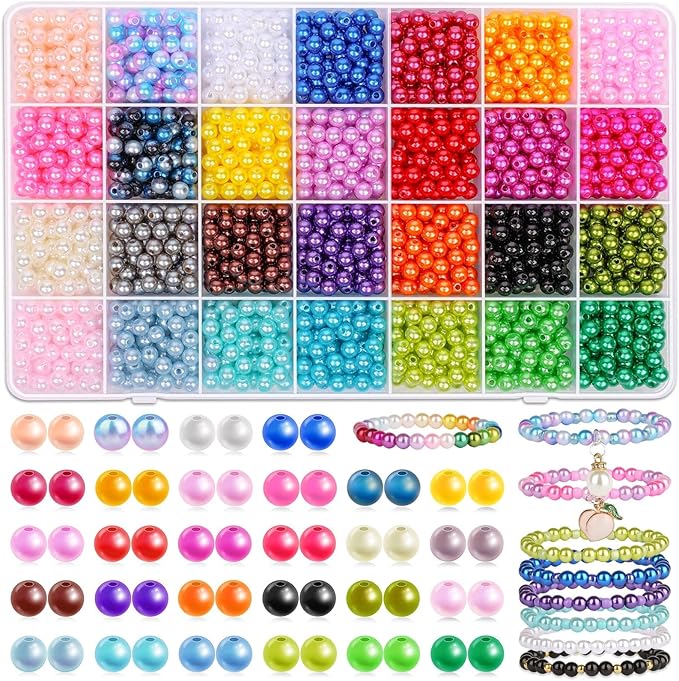 Audab 2240Pcs Pearl Beads for Jewelry Making 28 Colors, Colored Pearl Beads for Bracelets Making, 6mm Shiny Beads Small Round Pearl Bracelet Beads for Crafts, Jewelry Making and for Bracelets Making