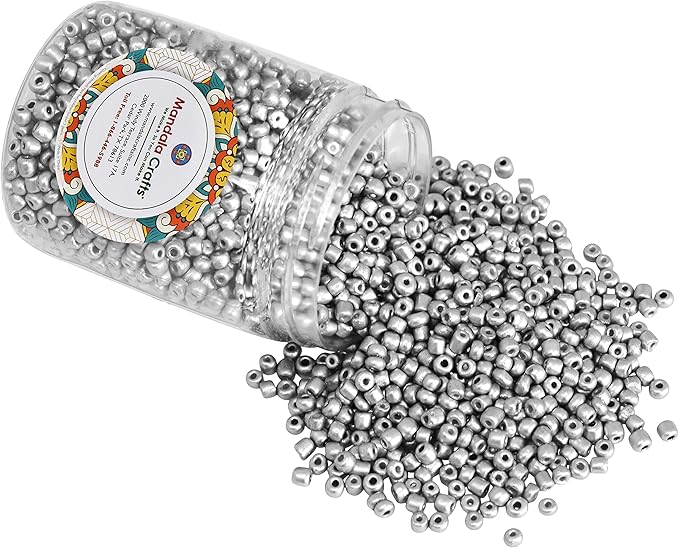 Mandala Crafts 6/0 Glass Seed Beads for Professional Beadwork, 2500 Metallic Silver Glass Beads