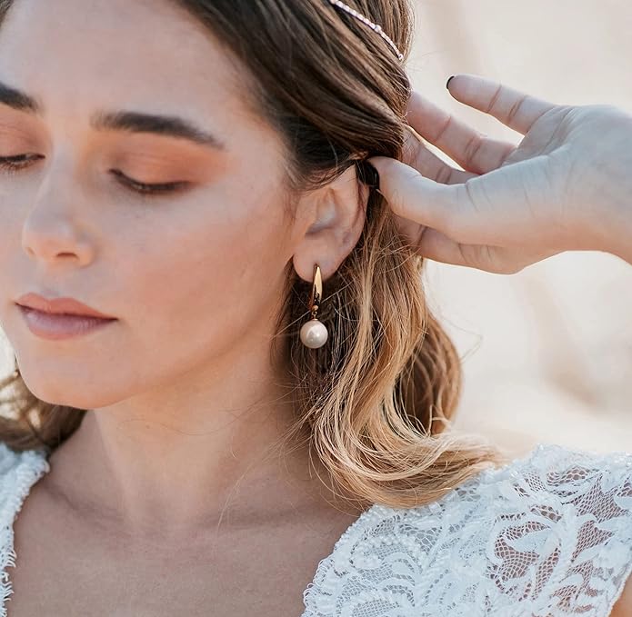 Gold Plated Huggie Hoop Earrings with Charms Fashion Pearl Drop Dangle Earrings for Women Handmade Karma Circle Jewelry for Ladies Lightweight Pearl Earrings on Christmas