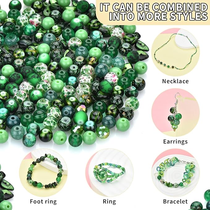 Glass Beads Jewelry Making Kit, Fresh Green Color-900pcs Include 8mm Assorted Beads, 4mm Bicone Crystal Beads, 2-4mm Spacer Seed Beads for DIY Bracelet, Earring Necklace Pendants Making Supplies