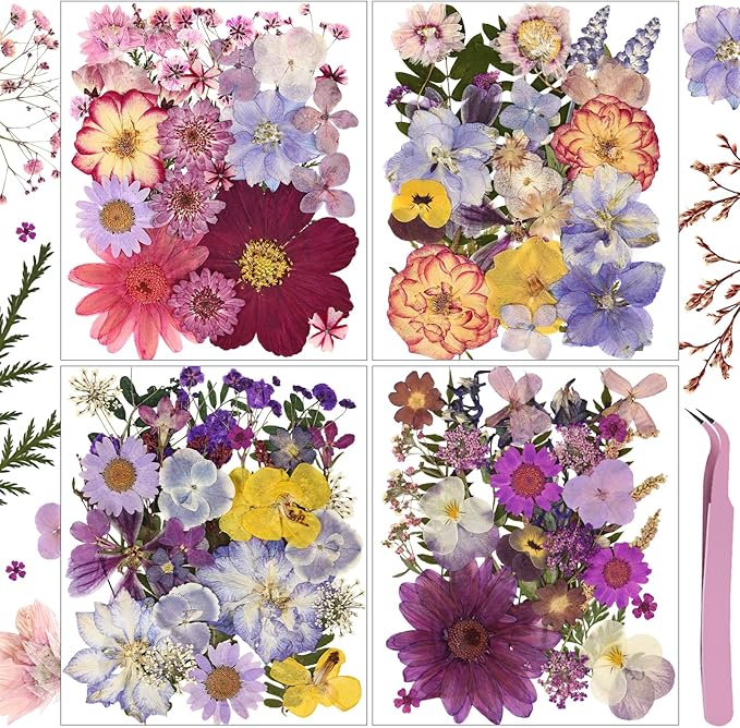 Eshow 113Pcs Dried Pressed Flowers for Crafts, Natural Dry Flowers for Resin with Tweezer for Scrapbooking DIY Art Crafts, Epoxy Jewelry Molds, Candle, Soap Making