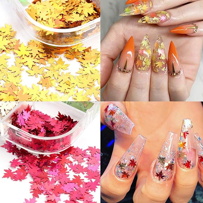 Maple Leaf Glitter Nail Art Sequins, 3D Fall Leaves Glitters Flakes Decor, Autumn Maple Leaves Shape Nail Art Design Supplies for Women Girls Manicure Charms Decorations Holiday Resin Nail Art Tips