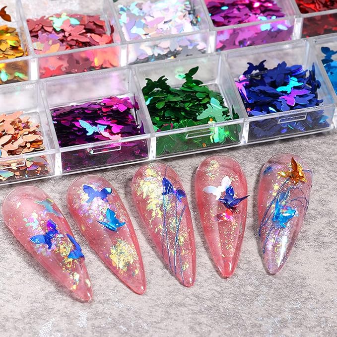 Butterfly Glitter Nail Art Sequins, 3D Sparkly Butterflies Nail Flakse Designs, 12 Colors Holographic Laser Big Small Butterfly Nail Supplies for Women Manicure Sparkle Decorations, DIY Shiny Nail Art
