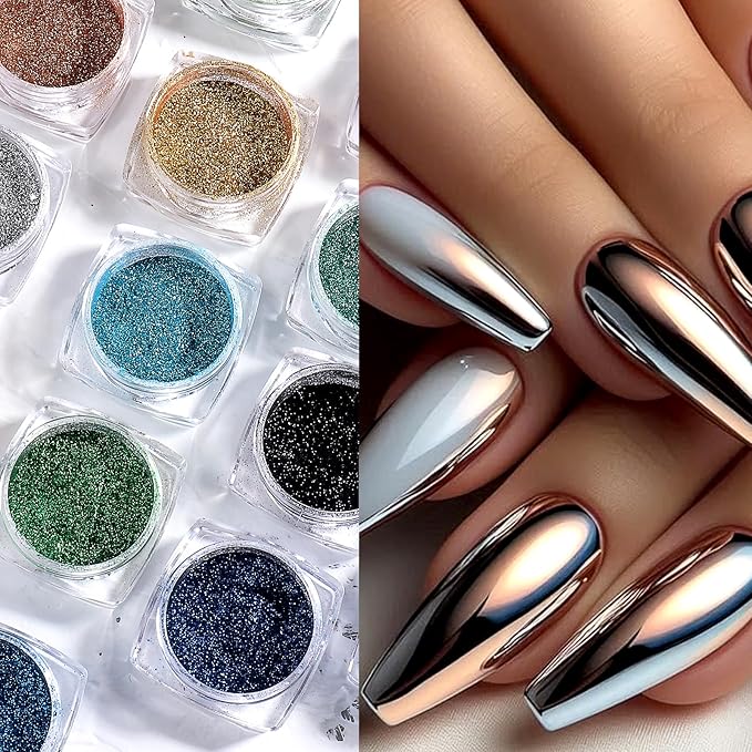 Brtavizvy 23 Color Chrome Nail Powder,10 Color Irregular Foil Flakes Glitter,Gold Flakes for Nails Decoration Art Holographic Chunky for Women Girls Manicure Supplies