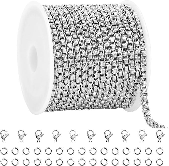 GTVOODX 16.4 Feet Textured Box Chain for Jewelry Making Silver Stainless Steel Craft Necklace Chains Bulk for Men Women DIY Bracelet with Lobster Clasps and Jump Rings