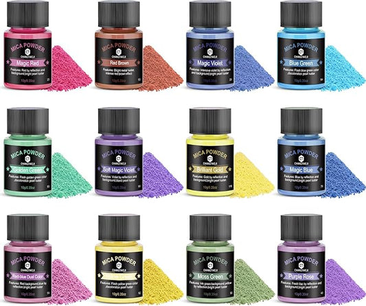 Mica Powder 12 Colors Pearlescent Pigment - for Resin Epoxy, Soap Making, Nail Polish, Lip Gloss, Eye Shadow, Bath Bomb, Slime & Candle - 10g Each Bottle(Magical Color Hues)