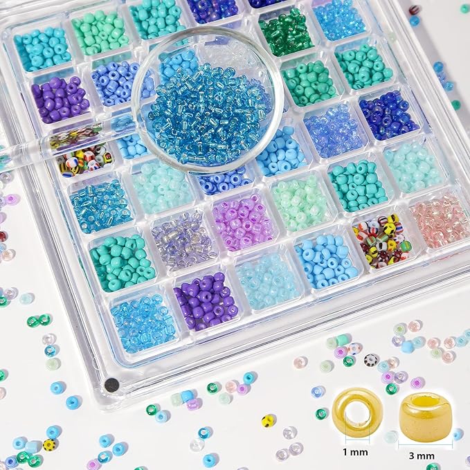 JOJOPLAY 11200pcs Glass Seed Beads for DIY Crafting Bracelet Necklace Embroidery Jewelry Making Supplies (3mm, 400pcs/Color, 28 Colors, Blue Scheme)