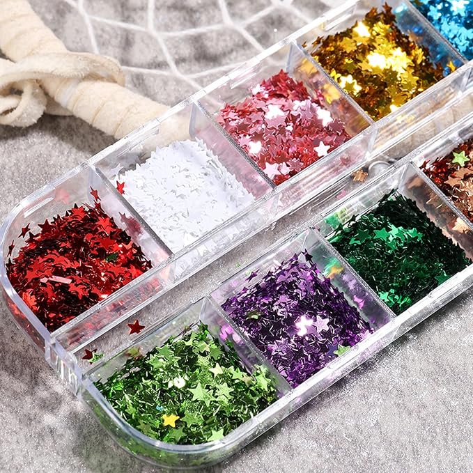 Stars Sequins, 3D Sparkly Five-Pointed Star Nail Flakes, 12 Color Star Nail Art Decorations, DIY Resin Tips